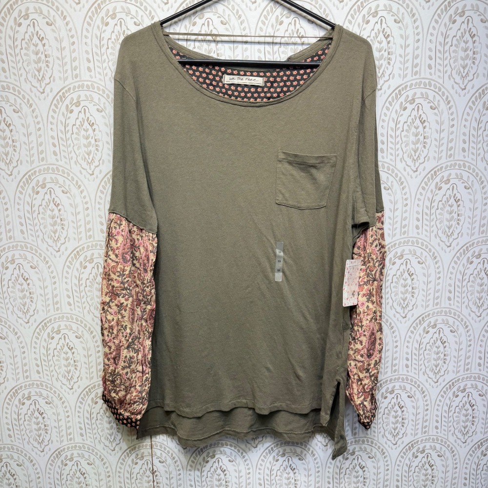 We The Free Top Womens XS Green Paisley Balloon Sleeve Mixed Media Boho‎ New
